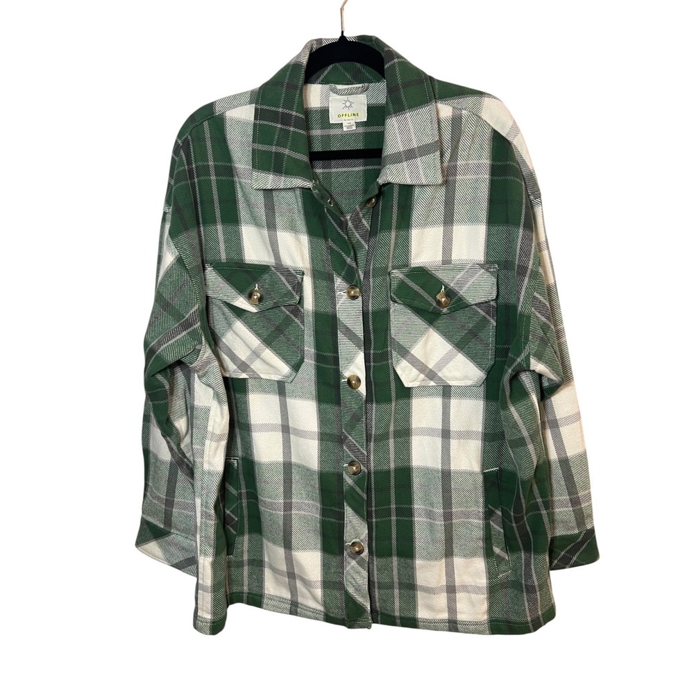 Offline by Aerie Plaid 100% Cotton Shacket Green Oversized Granola Girl Large